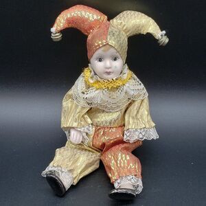 Vintage Bendable Porcelain Gold Red Lace Bells Harlequin Jester Clown Figurine